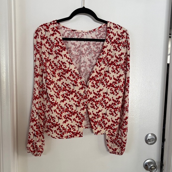 Elegant V-Neck Floral Blouse - Red and Cream - Picture 1 of 9